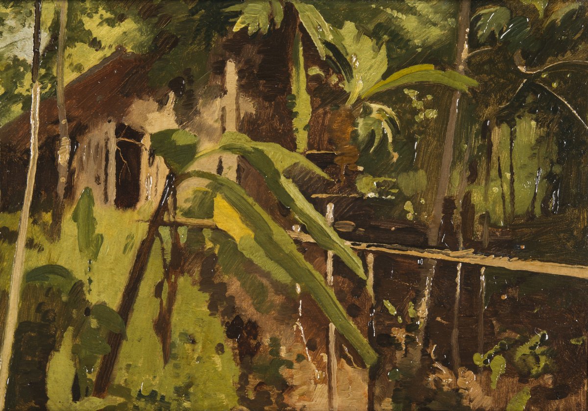Kunstwerk onderdeel van collectie Dordrechts Museum. Kamponghuisje te Buitenzorg.