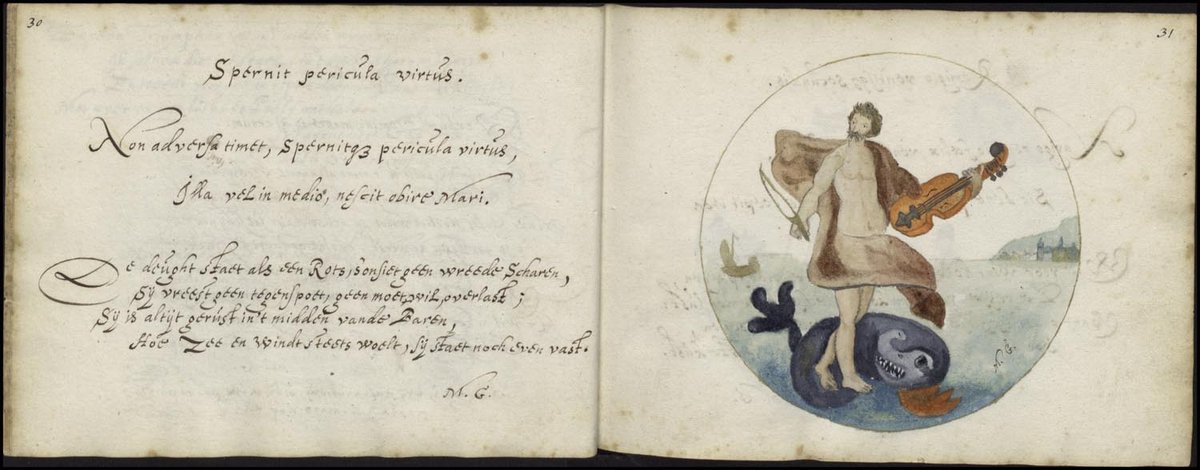 Handgeschreven gedicht met een tekening ernaast van een man met een viool en een sabel.