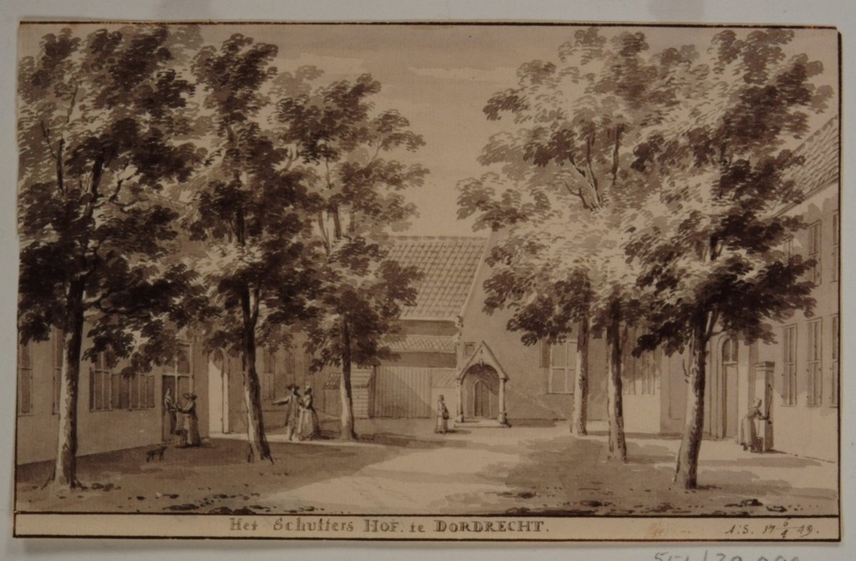 Een tekening van het Hof met een aantal mensen op het plein. Er staat op: Het schutters Hof te Dordrecht.