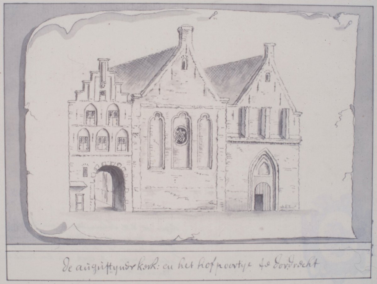 Afbeelding Augustijnenkerk rond 1750 onderdeel van collectie Regionaal Archief Dordrecht.